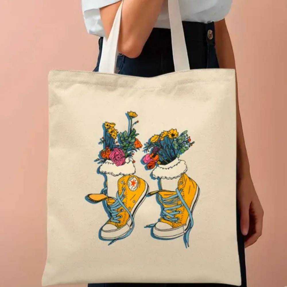 Cute Sneaker and Floral Themed Reusable Tote Bag for Women Gift Sturdy